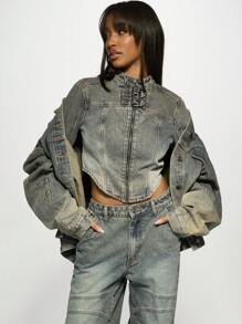 MISSGUIDED Vintage Style Biker Denim Jacket With Double Buckle Stand Collar Retro Motorcycle Fashion Cropped Zip-Up Design Fall Winter Streetwear Outerwear - Blue - View 5