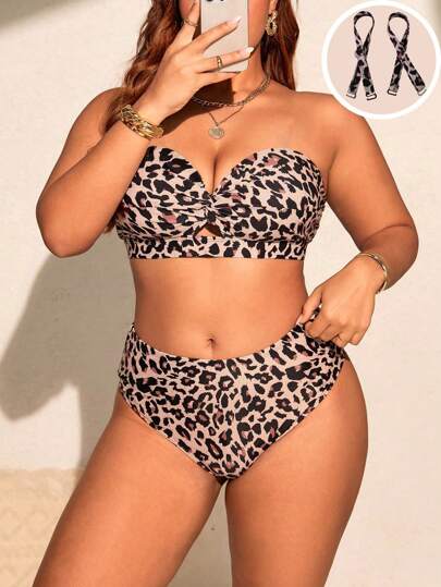 SHEIN Slayr CURVE 2015 New Plus Size Dam Leopard Print Splicing Wrap-Around Spänne High-Wist Bikini Tvådelad Badkläder Set, Holiday Beach Outfit, För sommarsemester