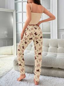Women's Spaghetti Strap Bear Print Minimalist Top And Long Pants Pajama Set - Multicolor - View 2