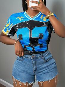 Slaydiva New Spring And Summer Casual Street Sports Style V-Neck Loose Raglan Sleeves 23 Slogans Logo Blue Splicing Smudged Tattered Black Yellow Flame All-Over Printed Women's T-Shirt-A