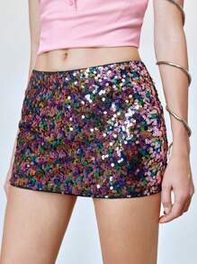 SHEIN LUNE 女士性感低腰闪亮亮片修身迷你裙 - 彩色 - 查看 1