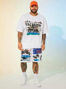 Manfinity VCAY Plus Size Men Loose Casual Holiday Knit Short Sleeve Round Neck T-Shirt And Shorts Set - White - View 5