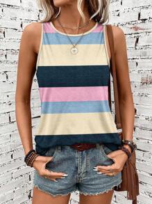 SHEIN LUNE Casual Stitching Striped Pattern Round Neck Women's Tank Top Suitable For Spring And Summer - Multicolor - View 4