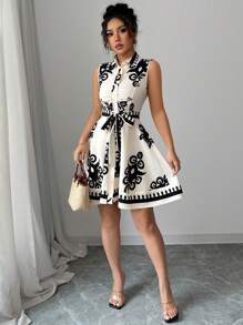 Elenzga Đầm ngắn không tay in họa tiết cổ điển giản dị dành cho nữ - Màu be - Xem 5