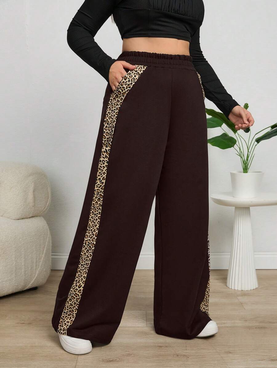 RueChic Leopard Trim Belly Detailed Long Wide Leg Black Pants - Brown - View 1