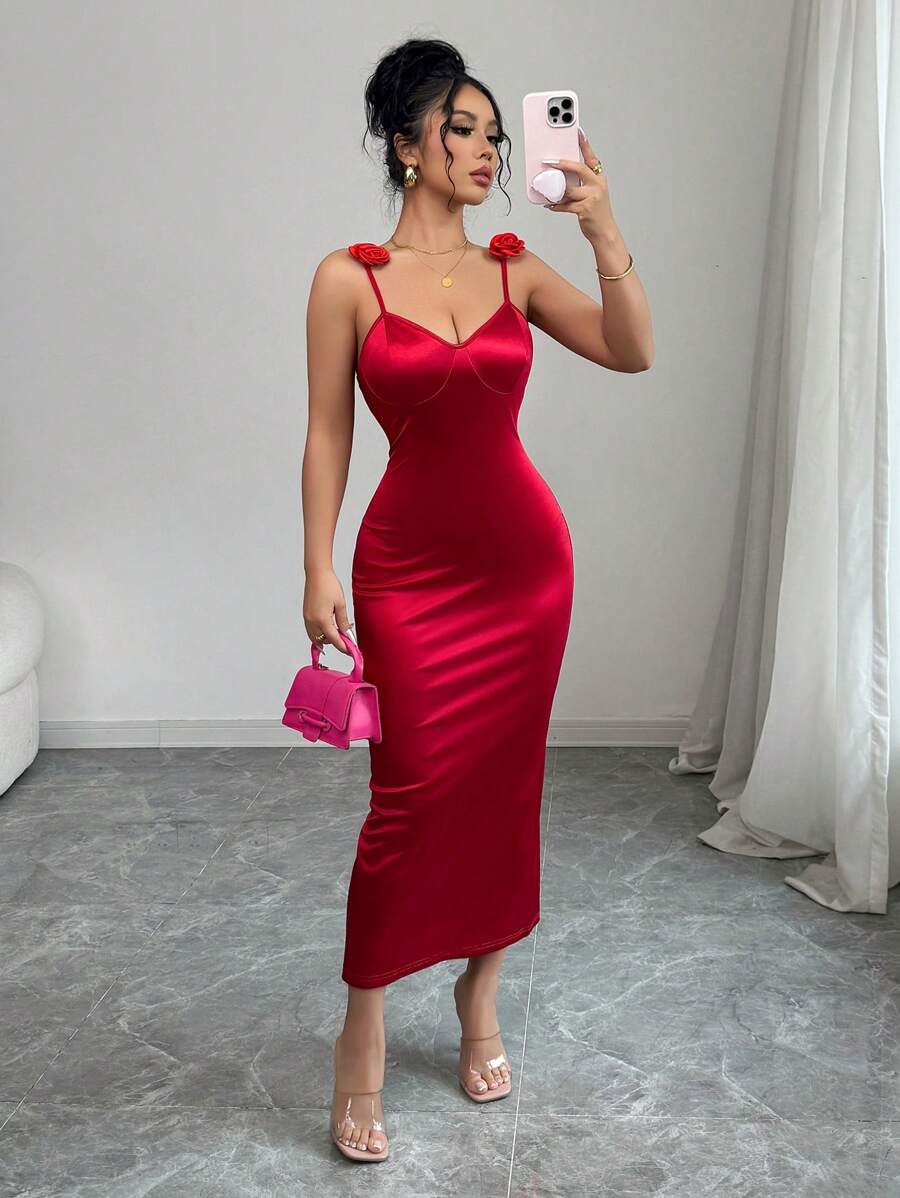 Elenzga Standard Size Women's Solid Color Sleeveless Floral Decor Dress - Red - View 1