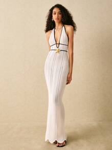 Poéselle Women Deep V Hollow Design Sexy Halter Knit Dress,Vacation Outfits Woman,Beach Vacation Outfits,Summer Outfits For Women,Beach Cover Up Women - White - View 6