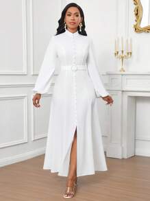 SHEIN Lady Women's Solid Color Stand Collar Lantern Sleeve Split Hem Casual Dress