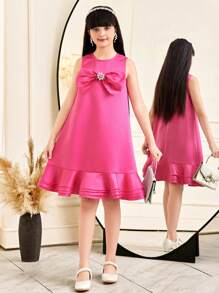 SHEIN Tween Girl Elegant Rhinestone Decor Big Bow Round Neck A-Line Multilayer Ruffle Hem Woven Solid Satin Sleeveless Dress, Suitable For Wedding, Flower Girl, Birthday, Party, Etc. Rose Red - Hot Pink - View 3