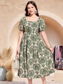 SHEIN Leap Crew Teen Girl Spring & Summer Green Casual Holiday Traditional Pattern Puff Sleeves Loose A-Hem Waist Long Dress,Vacation Style,Holiday,Beach, Boho, Summer Clothes,Outfits - Green - View 9