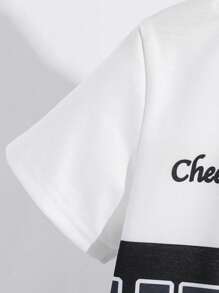 SHEIN Leap Crew 2pcs/Set Young Boys White Summer Casual Academy Korean Letter Print Polo Collar Short Sleeve Top And Contrast Color Line Cargo Shorts Outfit,Sports - Black - View 7