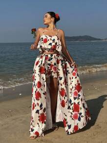 Sunnyshic Plus Size Floral Print Spaghetti Strap Top And Shorts 2pcs Set, Casual Vacation Outfit Easter Wear For Summer, Boho - Multicolor - View 6