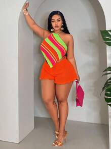 Slaydiva 2025 New All-Match Casual Beachwear Set: Colorful Striped Camisole And Ruffled Hem Mini Shorts, Versatile Daily Look In Fall/Winter