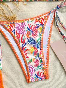 Soleia 2 Stücke farbenfroher Bikini-Set im Paisley Retro-Muster, Kontrastfarbene Schalen, Blumen Dekor, Quasten Bindedetails, Urlaubs-Sommer Strand Look - Verschiedenfarbig - Übersicht 4