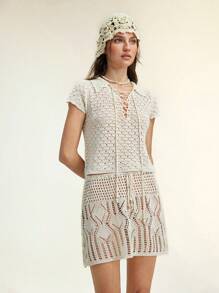 SHEIN Unity Set de 2 suéteres informales de mujer con decoración de perlas huecas y cordones