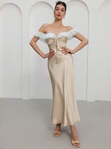 Chiquease 浪漫意式优雅露肩撞色蕾丝亮缎系领镂空腰长裙女装 - 香檳色 - 查看 6