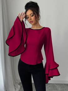 Elenzga Design Sense 圆领直肩长款喇叭袖双层彩边女式收腰衬衫