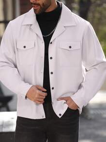 Manfinity Homme Plus Size Men's Solid Color Button Front Long Sleeve Pocket Casual Jacket & Outerwear - Light Grey - View 1