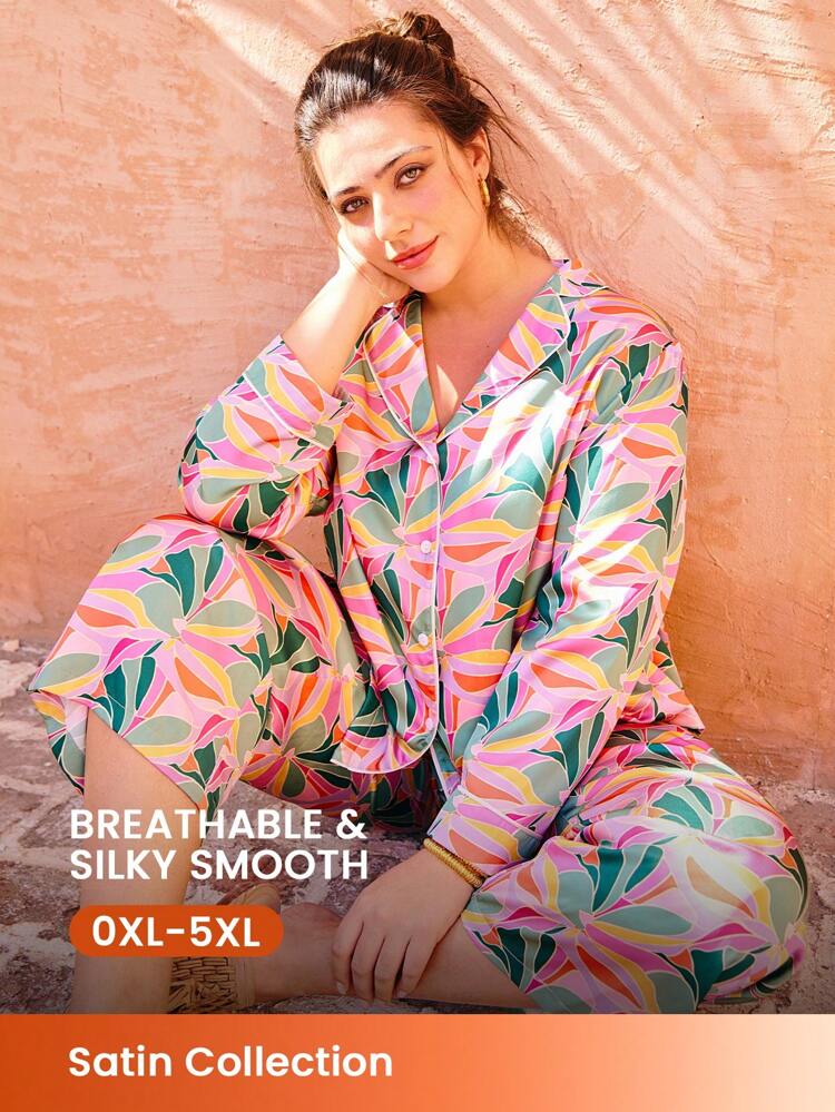 Conjunto de pijama largo de satén con estampado floral para mujer talla grande, conjunto de lencería con pantalones con bolsillos, ropa interior nupcial, pijamas de otoño e invierno