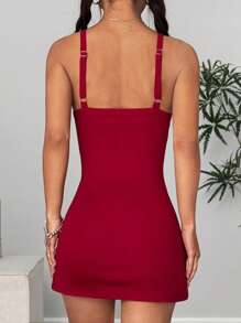 SHEIN Unity 女士纯色纽扣肩带修身迷你连衣裙