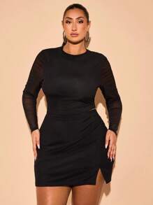 SHEIN BAE Conjunto de 2 piezas de talla grande para mujeres con top de manga larga transparente de cuello redondo y falda mini con abertura, para citas románticas, fiestas, discotecas, damas de honor, falda mini simple, Pascua, Día de San Valentín, looks de malla, atuendos de primavera-verano, atuendos de graduación, conjuntos de boda de 2 piezas, mujer curvilínea, elegante, curvilínea, atuendos de vacaciones de primavera, atuendos de Pascua para mujeres, atuendos de concierto para mujeres