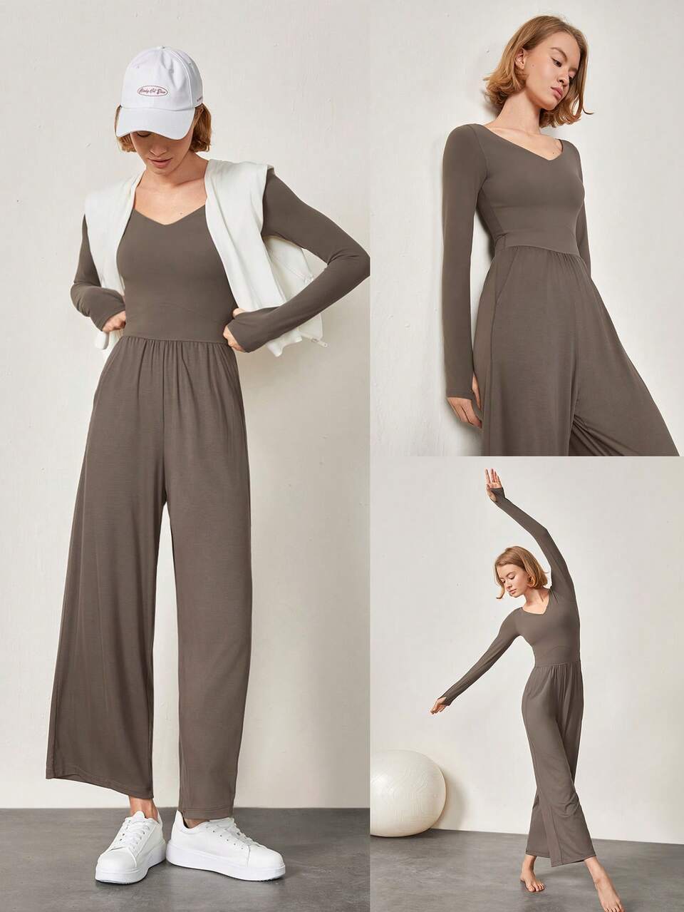 Modal Sweetheart-Neck Wide-Leg Peekaboo Long Sleeves Jumpsuit Bodysuit With Side Pockets And Thumbholes Daily Casual Removable Cups Spring Summer