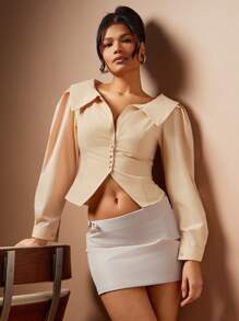 Hauture 夏季女士精致米色纯色泡泡长袖单排扣修身衬衫，开衩下摆，秋季，女士上衣，女士衬衫，优雅女士衬衫，夏季上衣，长袖上衣，短款上衣，办公室女性，老款，商务休闲女士。