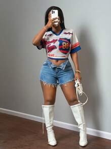 Slaydiva New Spring And Summer Casual Street Sports V-Neck Raglan Short-Sleeved Navy Blue With Red And Yellow Slogan 23 English Printed Apricot Mesh Plus Women's T-Shirt-A Suitable For Going Out - Multicolor - View 5