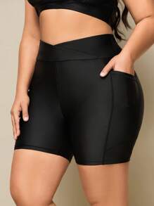 SHEIN Swim 大码纯色口袋简约修身休闲比基尼短裤，适合夏季海滩度假 - 黑色 - 查看 5