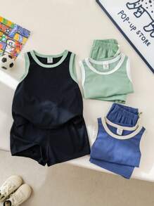 SHEIN 6 Pieces Baby Boys Set: Solid Color Knit Soft Round Neck Sleeveless Top And Elastic Waist Shorts For Boys And Girls - Multicolor - View 8