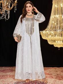 Layrah Abaya de talla grande elegante con bordado de perlas en arabesco, modesto kaftan - Blanco - Ver 4