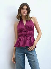 Maija Elegante top de mujer de cuello en V con detalle de fruncido y tirantes, blusa de verano versátil