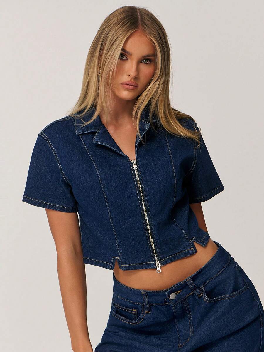 Forever 21 Áo thun denim tay ngắn khóa kéo thường ngày cho nữ, thời trang tối giản để mặc hàng ngày - Màu xanh lam - Xem 1