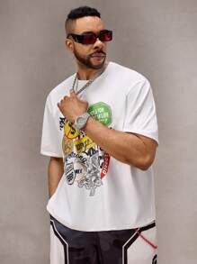 Manfinity VCAY Plus Size Men's Street-Style Loose Graphic White Round Neck Knit T-Shirt, Summer - Multicolor - View 2