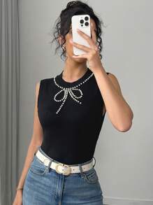 Chiquease Elegant Casual Crew Neck Pullover Knit Top With Bow Decor, Everyday Wear, Spring