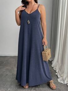 SHEIN LUNE Plus Size Women Spring/Summer Floral Jumpsuits, Casual Chinese Style Leisure Vacation Outfits Suitable For St. Patrick's Day, Easter, Party, Hanging Out, Spring/Summer - Dusty Blue - View 8