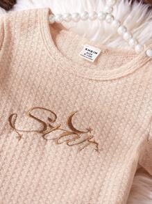 2pcs Baby Girls Simple Letter Graphic Top With Ruffle Hem & Casual Flared Pants Set, Home Outfit - Apricot - View 5