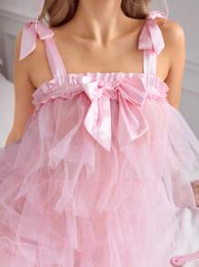 甜美可爱的蛋糕风格睡衣，带蝴蝶结肩带，女士性感睡衣 - 粉色 - 查看 8