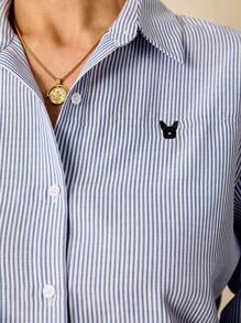 Poéselle 女式条纹长袖单排扣休闲工作衬衫 - 藍白色 - 查看 2