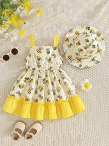 Vestido de tirantes con estampado de abeja lindo para bebé/niña pequeña, primavera/verano - Amarillo - Ver 2