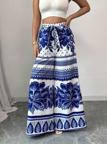Elenzga Nouveaux pantalons larges à imprimé bleu sur base blanche pour femme, idéal pour les vacances, printemps/été