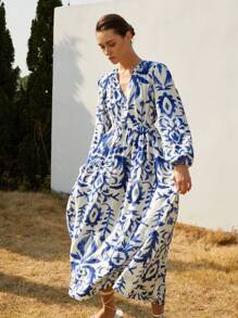 Aveloria Modichic European And American Style Elegant Luxury Elegant Lantern Sleeve V-Neck Cinched Waist A-Line Women Long Dress