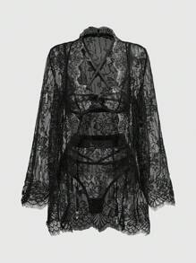 ROMWE Goth Set de lencería de 4 piezas con bralette de cuello halter, tanga, liguero y bata con diseño de mariposa gótica de encaje