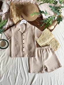 Vintaside Kids Ensemble de chemise à manches courtes avec col brodé vintage et shorts décontractés, tenue d'été pour garçons préadolescents, convient pour un usage décontracté, les vacances et les rassemblements extérieurs