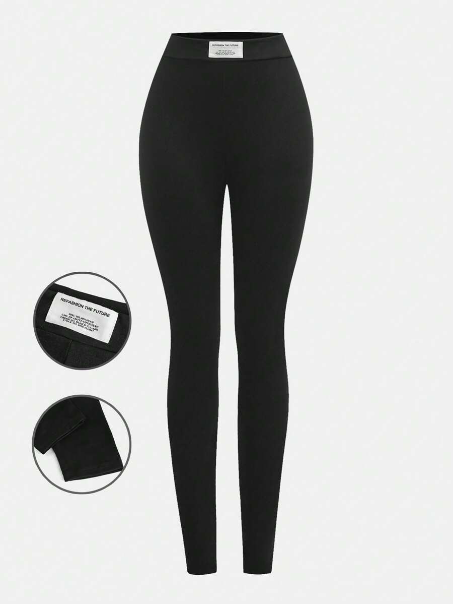 SHEIN Girlism Teen Girl Grey Jogger Pants, Casual For Spring/Summer High Waist Black Leggings With Letter Jacquard, Elastic, Lightweight, Comfortable Fabric, Basic Leggings, Yoga Pants, Can Be Worn Inside Or Outside, Collegiate Style - Black - View 1