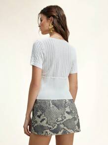 Aveloria Women's Minimalist Fresh Distinct Square Neck Design White Lace Knit Short Sleeve Blouse, Spring/Summer - White - View 2