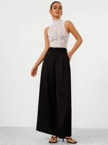 SHEIN Privé 女士优雅通勤轻褶超阔腿西装裤 - 黑色 - 查看 6