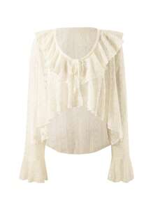 SHEIN Swim Women's Solid Color Sheer Textured Fabric Ruffle Trim Bowknot Hem Long Sleeve Kimono Cover Up, Festival Boho Style, For Summer Beach Vacation - Beige - View 1
