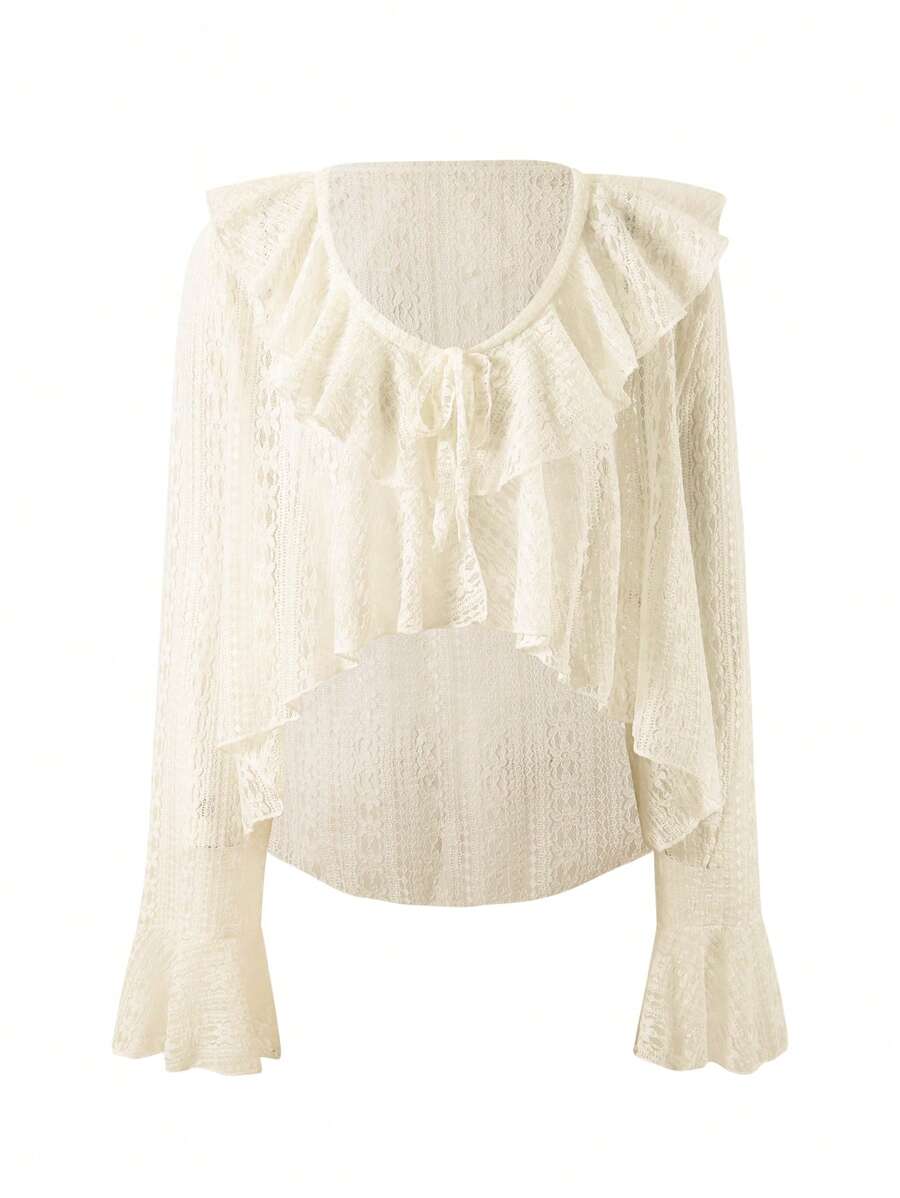 SHEIN Swim Women's Solid Color Sheer Textured Fabric Ruffle Trim Bowknot Hem Long Sleeve Kimono Cover Up, Festival Boho Style, For Summer Beach Vacation - Beige - View 1