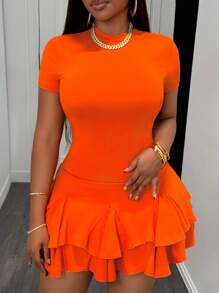Slaydiva Summer Casual Round Neck Ruffle Trim Fitted Mini Bodycon Dress, Unique Fashion Style - Orange - View 4